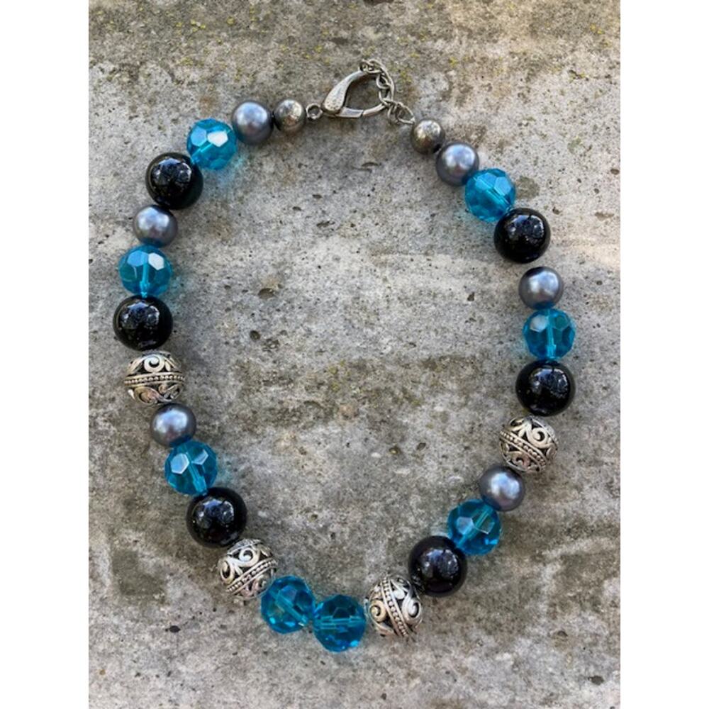 SALE. Handmade  Blue & Black Beaded Necklace